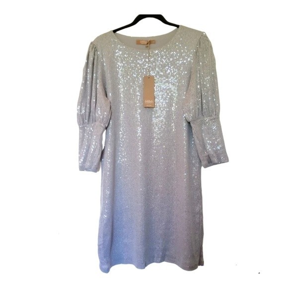 NWT Carla Conti Silver Sequin Balloon Sleeve Sheath dress L - Picture 4 of 10